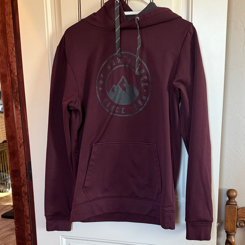 North Face Burgundy Hoodie with drawstring Hood and Kangaroo Pouch.